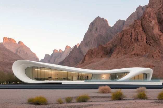 Blending futuristic building seamlessly into desert landscape