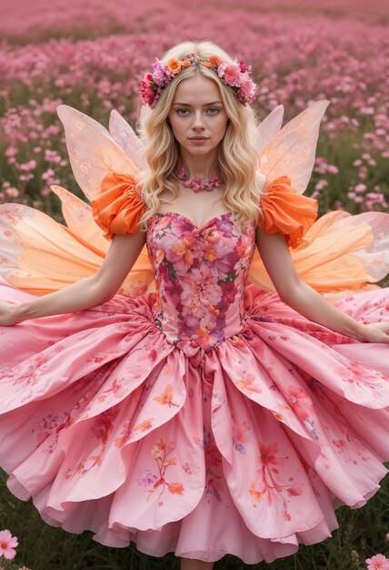 Blonde fairy in a pink garden