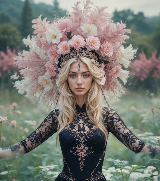 Blonde girl with black mesh dress in a field