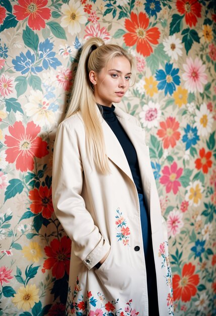 Blonde girl with long coat in a flowered room