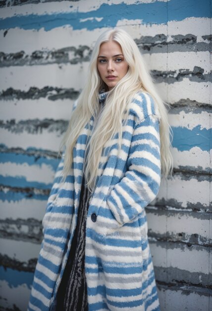 Blonde girl with long striped coat at the street