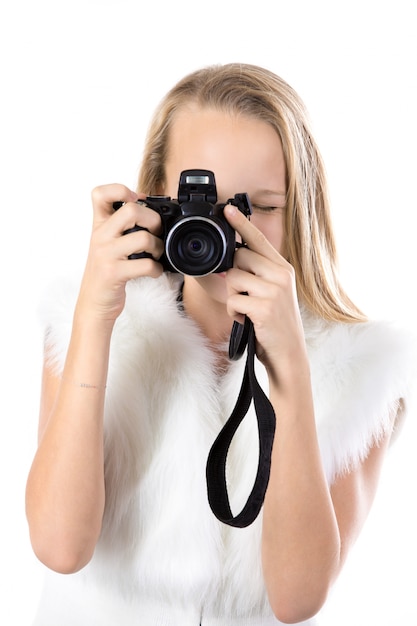 Blonde student using her vintage camera