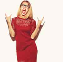 Free photo blonde woman girl in red dress with glasses