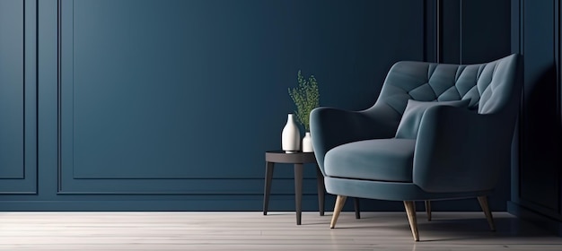 Blue armchair against blue wall in living room interior Elegant interior design with copy space Ai generative