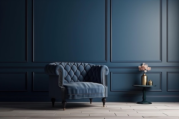 Blue armchair against blue wall in living room interior Elegant interior design with copy space Ai generative