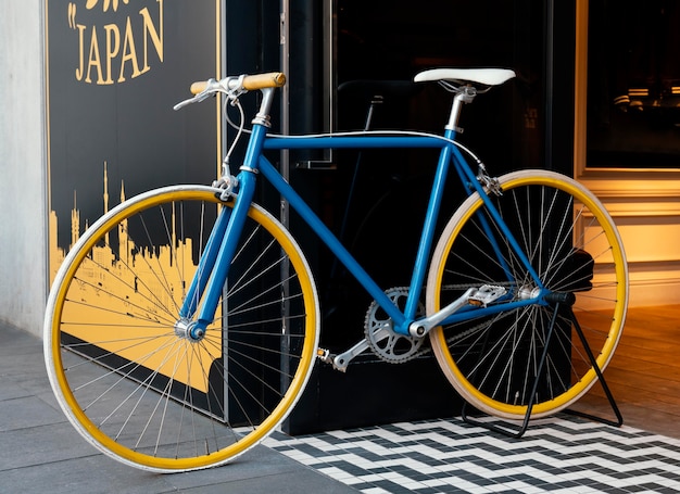 Free photo blue bicycle with yellow wheels