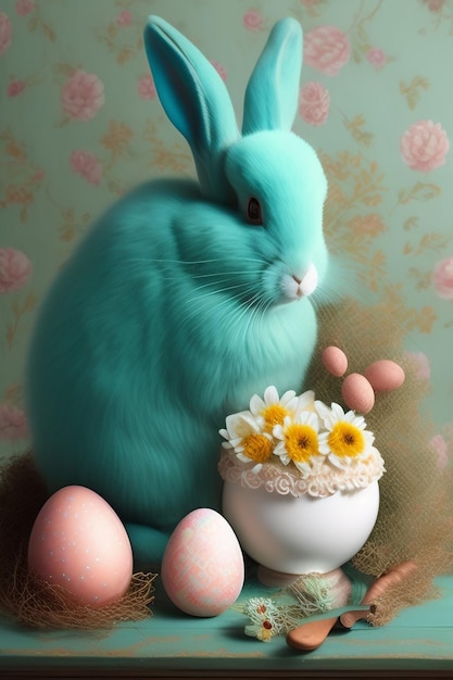 Free photo a blue bunny sits next to a white cup of flowers.