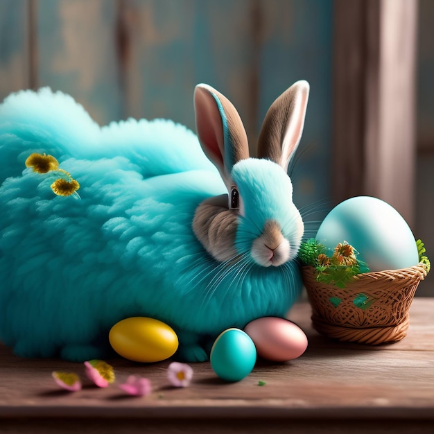 A blue bunny with a basket of eggs next to it.