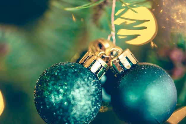 Free photo blue christmas balls on a christmas tree branch macro shot