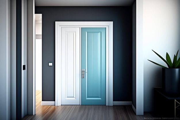 Free photo a blue door with a white frame and a white door with a silver handle.