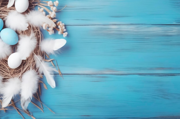 Free Photo blue easter eggs inside a nest on blue wooden background top view copy space