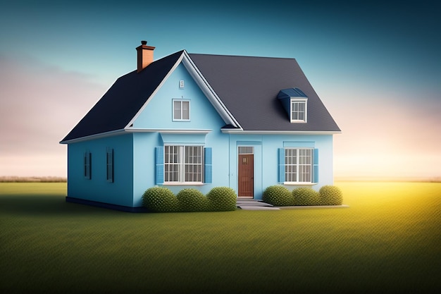 Free photo a blue house with a blue roof and a sky background