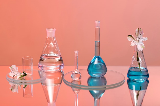 Blue liquid in laboratory glassware assortment