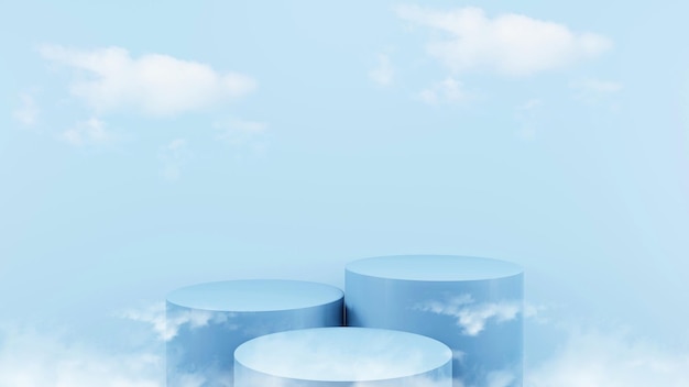 Free photo blue podium 3d render mock up isolate montage photo with blue sky and soft clouds product display stand abstract background