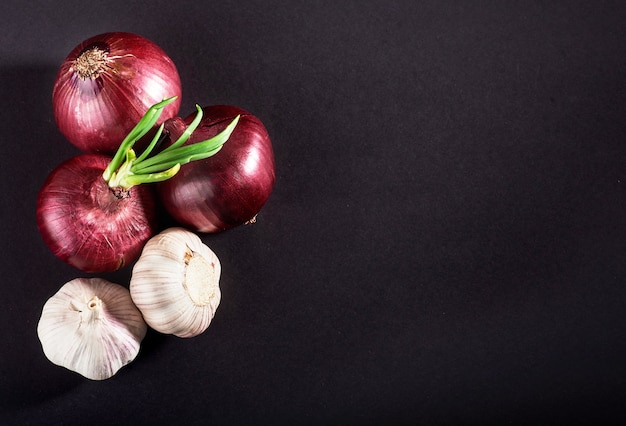 Free Photo blue purple onion and garlic isolated white on a black