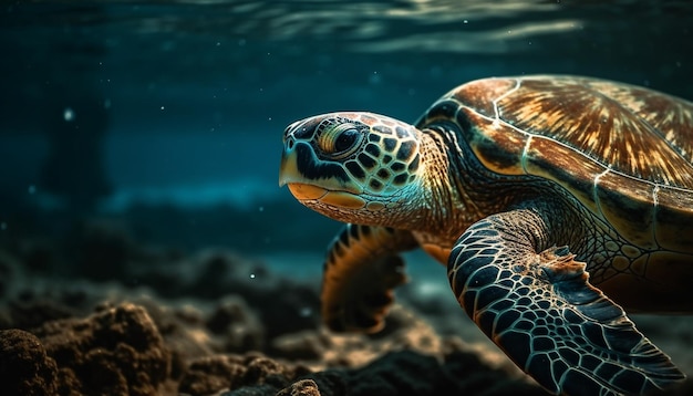 Free photo blue sea turtle swimming in tropical reef generated by ai