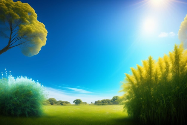 Free Photo a blue sky with a few clouds and a green field with trees and a blue sky.