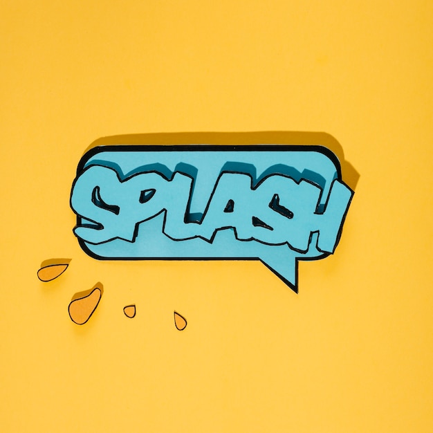 Blue splash text speech bubble against yellow background