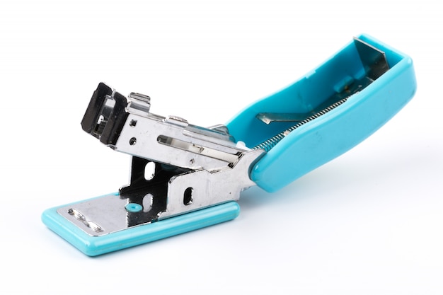 Blue stapler on white background