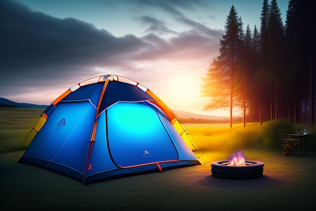 A blue tent is set up in a field with a campfire and a fire pit.