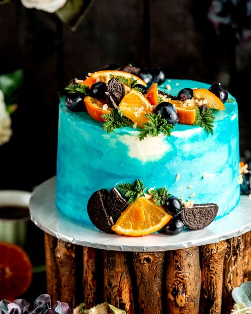 Blue white cake with fruits