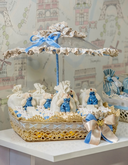 Free photo blue white candy set on the table