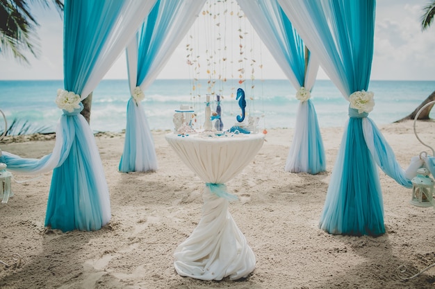 Blue and white wedding aisle in a beach surrounded by palms with the sea on the background