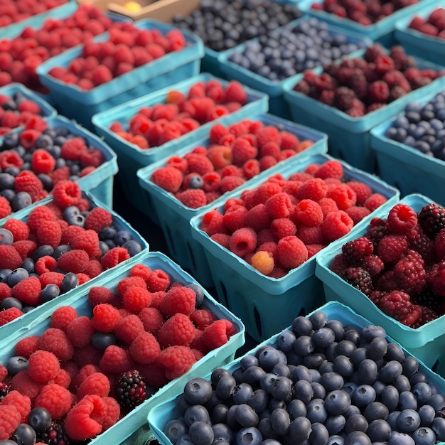 Free Photo blueberries and raspberries in plastic boxes for sale at market