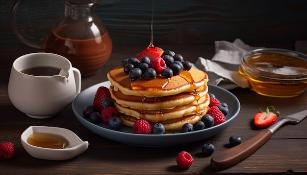 Blueberry and raspberry syrup on a homemade pancake generated by AI