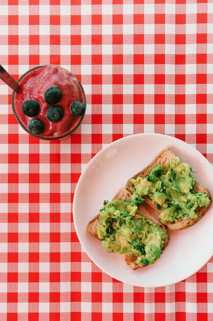 Blueberry smoothie and avocado toast