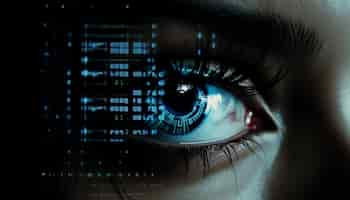 Free photo blueeyed cyborg woman watches futuristic computer data generated by ai