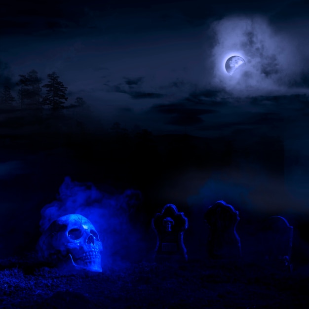 Blueness headstones and skull on soil