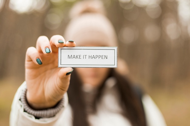 Free photo blurred woman with motivating writing