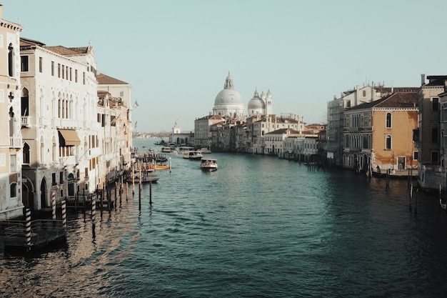 Body of water between buildings