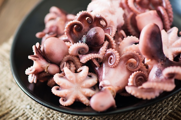 Boiled small octopus on a plate