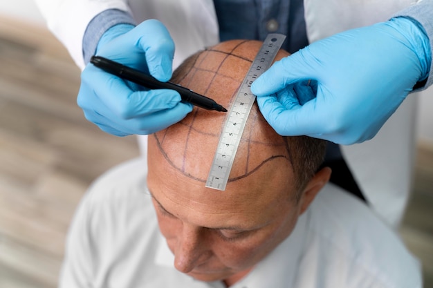 Free photo bold man going through a follicular unit extraction process