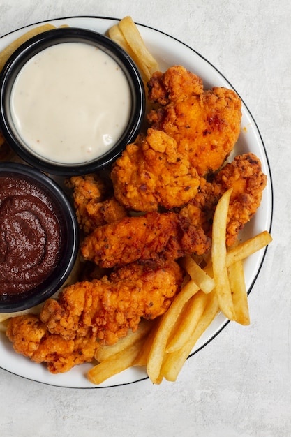 Free photo boneless chicken with fries top view