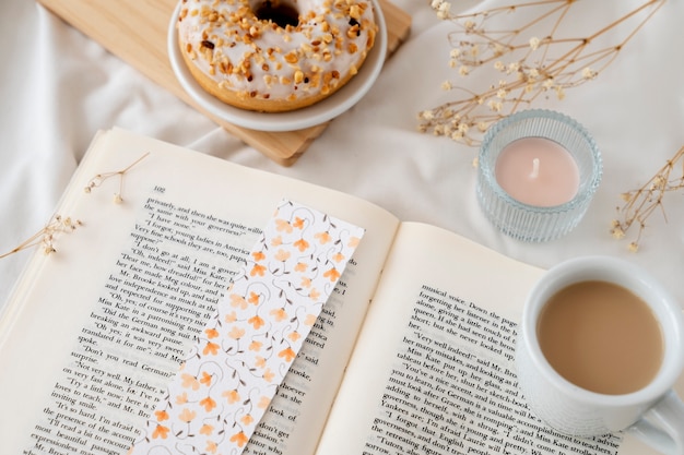 Bookmark and book assortment flat lay