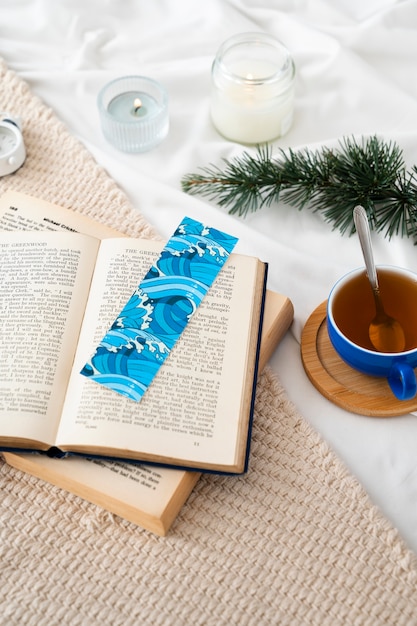 Free photo bookmark and books arrangement high angle