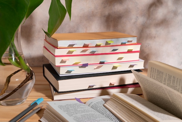 Free Photo books and colorful bookmarks still life