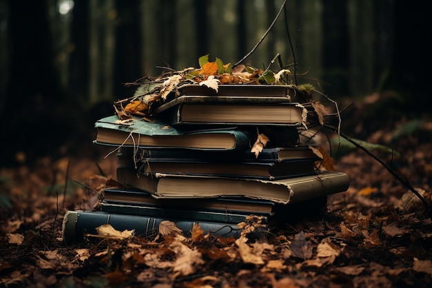 Free photo books placed on leaves in the autumn forest