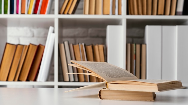 Books on shelf and table arrangement