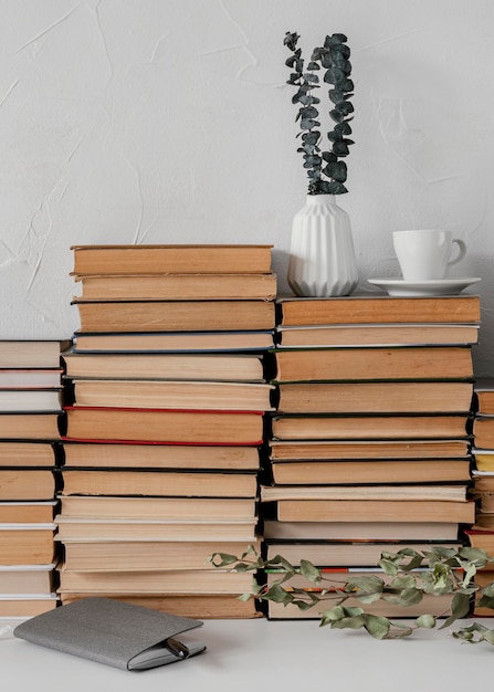 Free photo books stack and plants arrangement