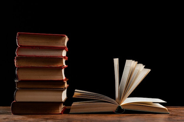 Books stack with dark background