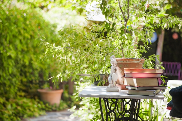 Books on table in backyard