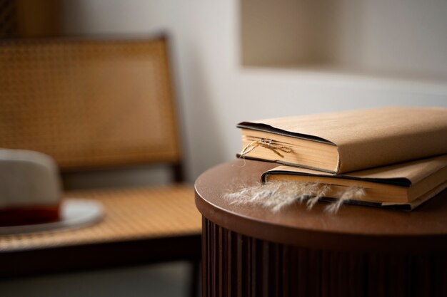 Books with bookmark on table