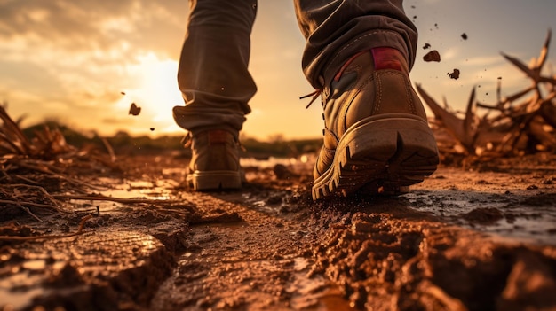 Free photo boots tread on rustic trail dust stirred at sunset