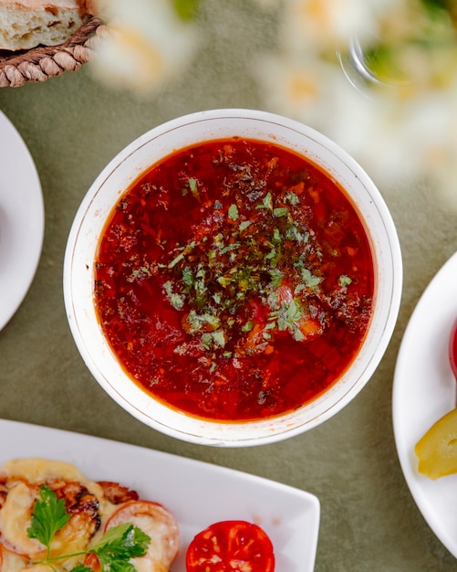 Free photo borsch in a bowl top view