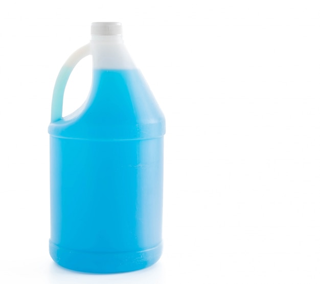 Bottle of blue cleaning detergent