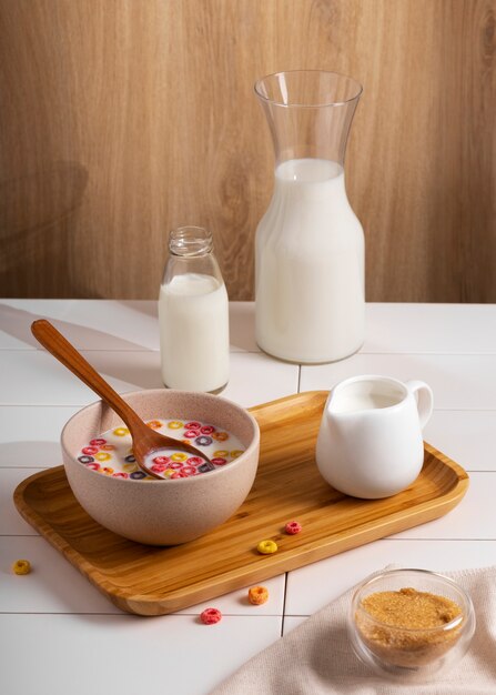 Bottle of milk with breakfast cereal